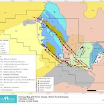 Geology map of the Cherokee project with Assays mention in June 10th, 2020 news release. Refer to Total Magnetic Intensity for mine location.