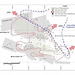 Candelaria resource area map showing the planned resource expansion drilling area (blue dashed line). Historic and Silver One drill holes are shown for reference. The red outline marks the currently defined mineralized zone, and the shaded block delineates Silver One’s patented claims.