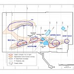 Candelaria map showing exploration target areas ( blue dashed line) defined by rock geochemical and geophysical (IP and magnetic vector inversion (MVI)) anomalies.