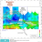 Metal Factor (MF) and Magnetization Vector Inversion (MVI) anomalies and location of relevant exploration targets.  500 meters depth slice (500 meters below surface). See July 15, 2021 News Release.